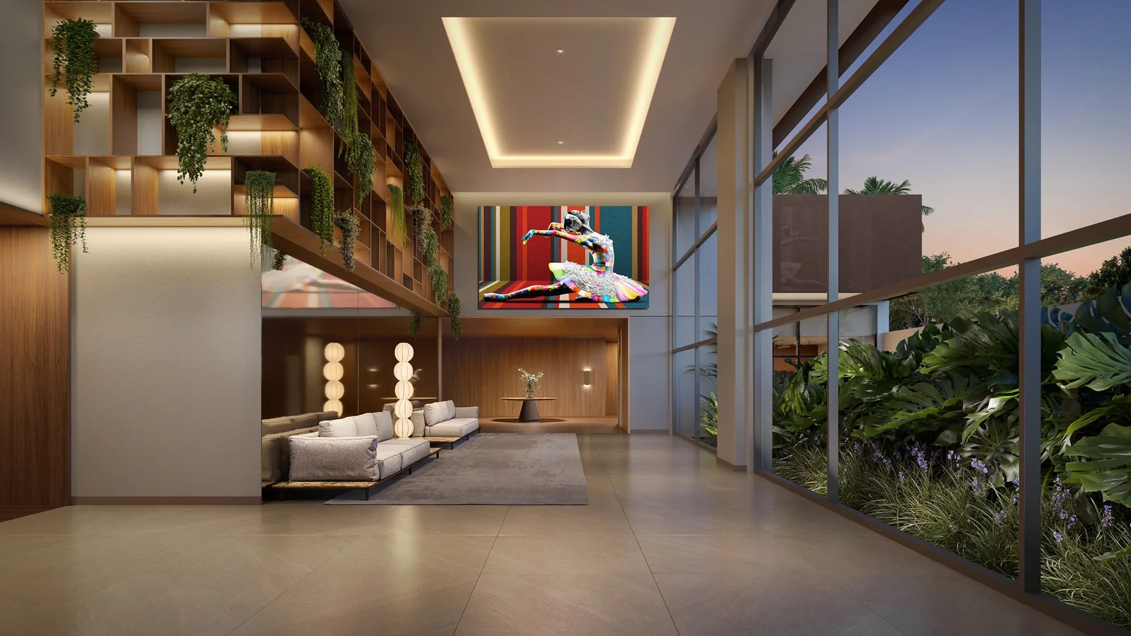 Lobby com pé-direito duplo e obra de Kobra · Almá Pinheiros