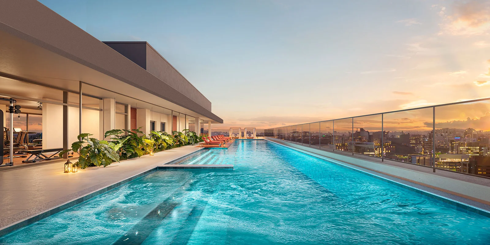 Piscina com raia de 25 m no rooftop · Almá Pinheiros