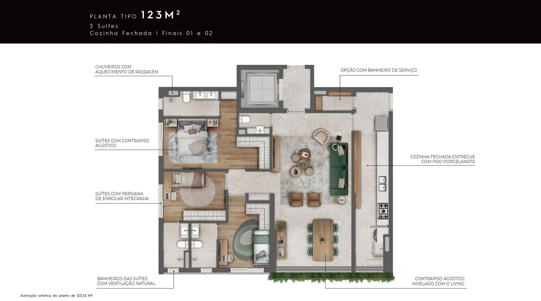 Planta 3 suítes · 123 m² · A partir de R$ 2.299.000 · Almá Pinheiros