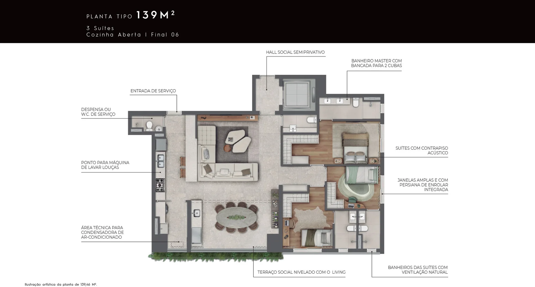 Planta 3 suítes · 139 m² · A partir de R$ 2.848.000 · Almá Pinheiros