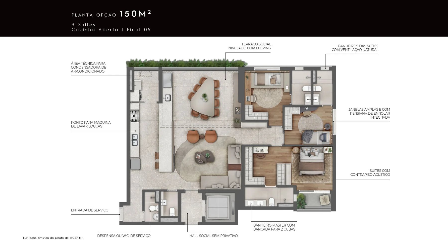 Planta 3 suítes · 150 m² · A partir de R$ 2.898.000 · Almá Pinheiros