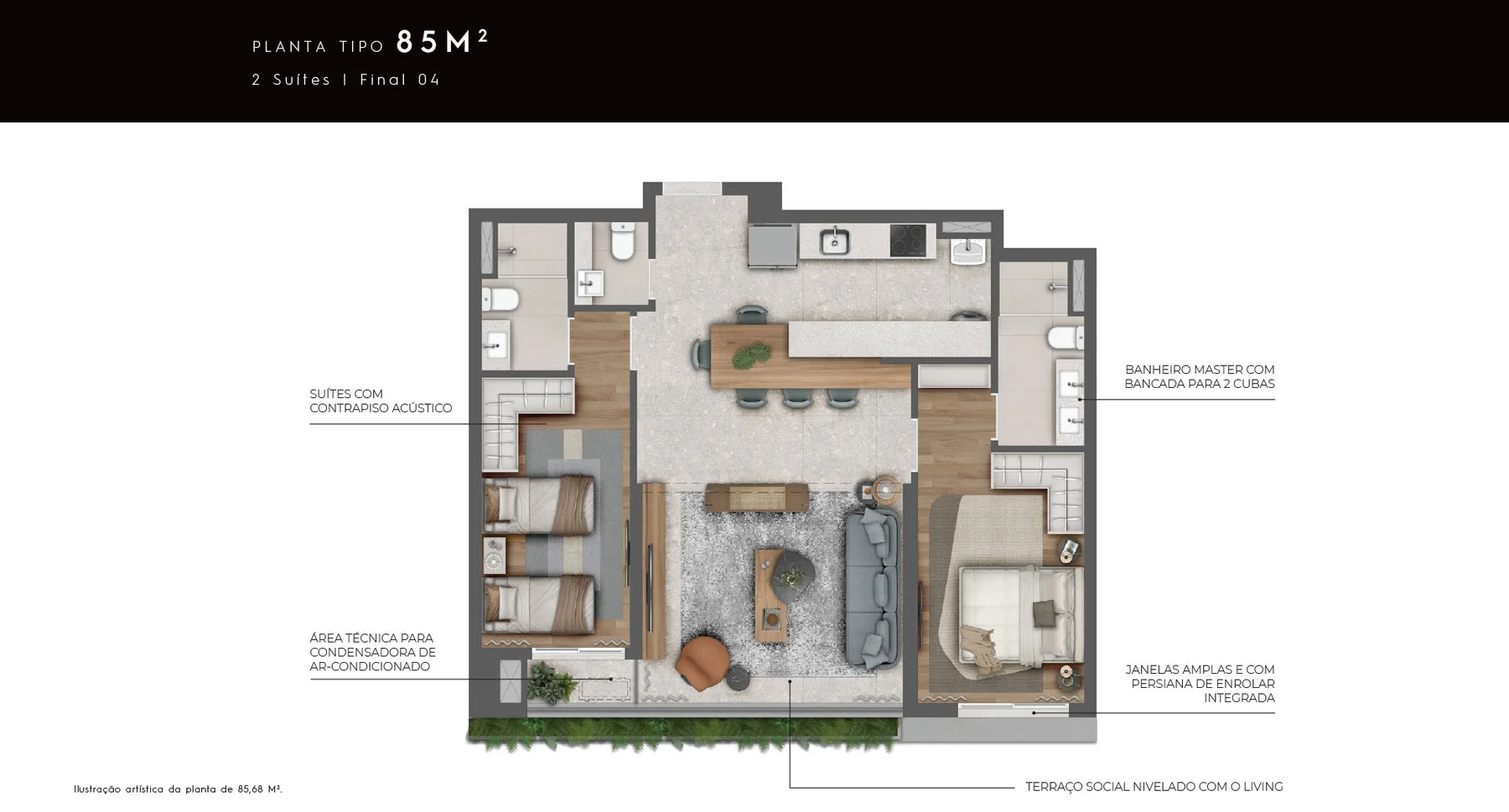 Planta 2 suítes · 85 m² · A partir de R$ 1.568.000 · Almá Pinheiros