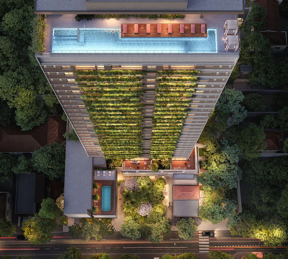 Vista aérea · rooftop e jardins · Almá Pinheiros