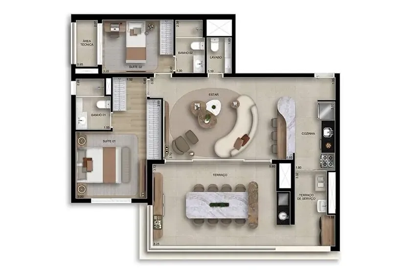 Planta 2 suítes · 106 m² · Boulevard Butantã