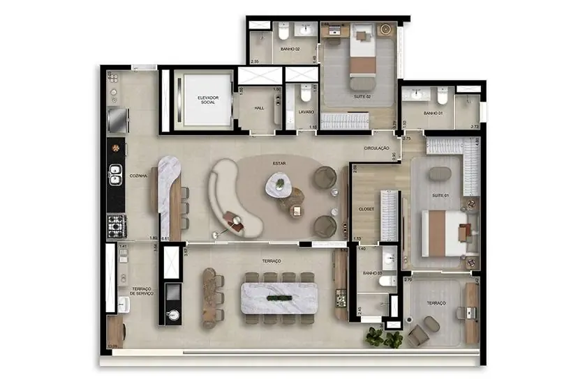 Planta 2 suítes · 134 m² · Boulevard Butantã