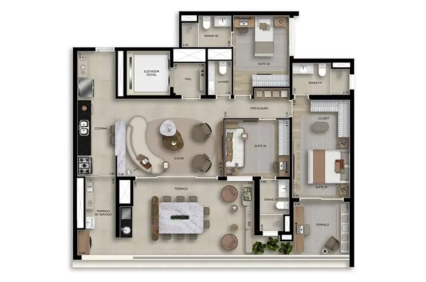 Planta 3 suítes · 134 m² · Boulevard Butantã