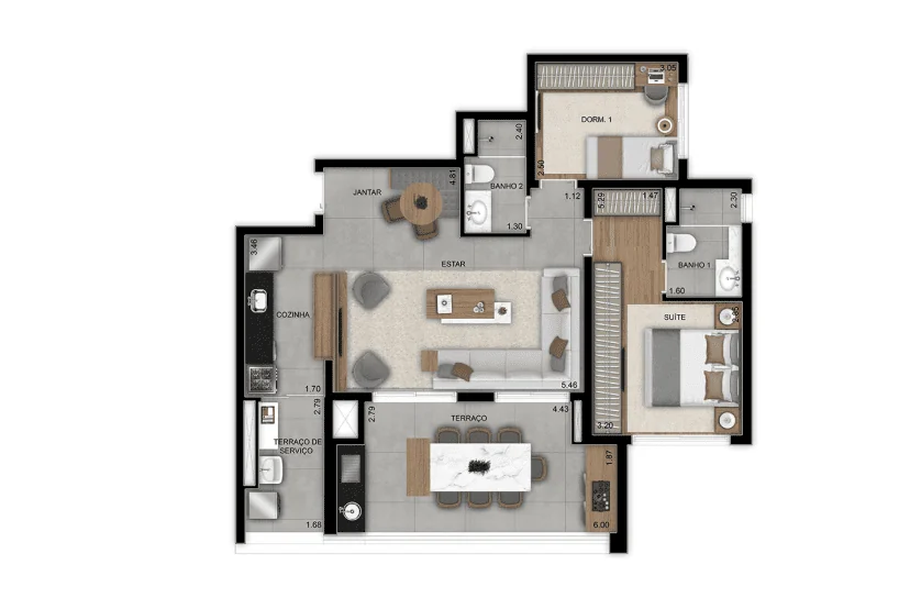 Planta 2 dormitórios · 90 m² · Grand Metropolitan Butantã