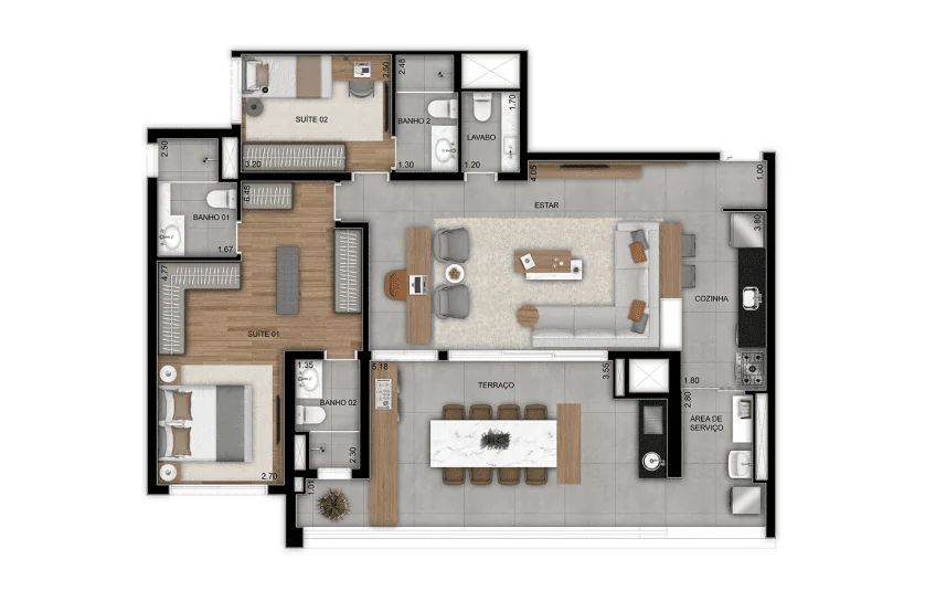 Planta 2 suítes · 120 m² · Grand Metropolitan Butantã