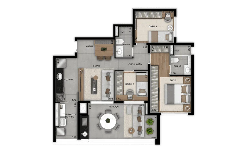 Planta 3 dormitórios · 90 m² · Grand Metropolitan Butantã