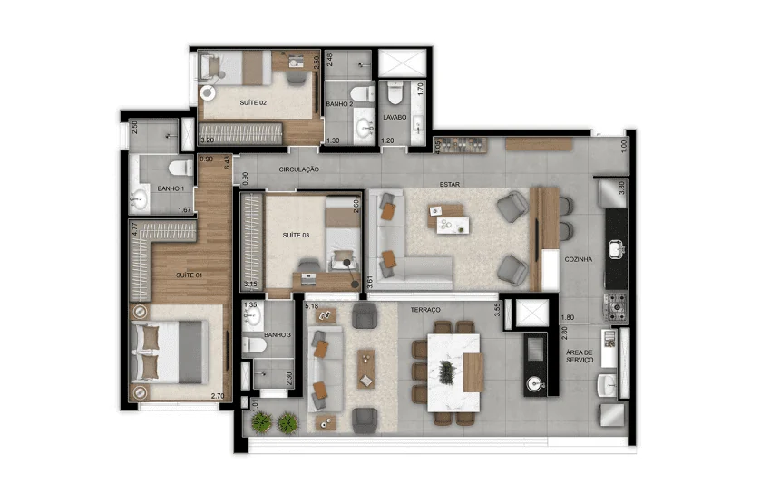 Planta 3 suítes · 120 m² · Grand Metropolitan Butantã