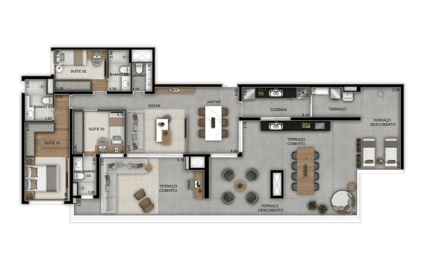 Planta 3 suítes · Terraço descoberto · Grand Metropolitan Butantã