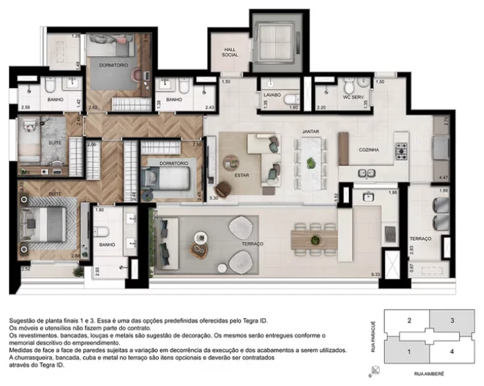 Planta 4 dormitórios · 157 m² · Opção 1 · GRAVURA Perdizes