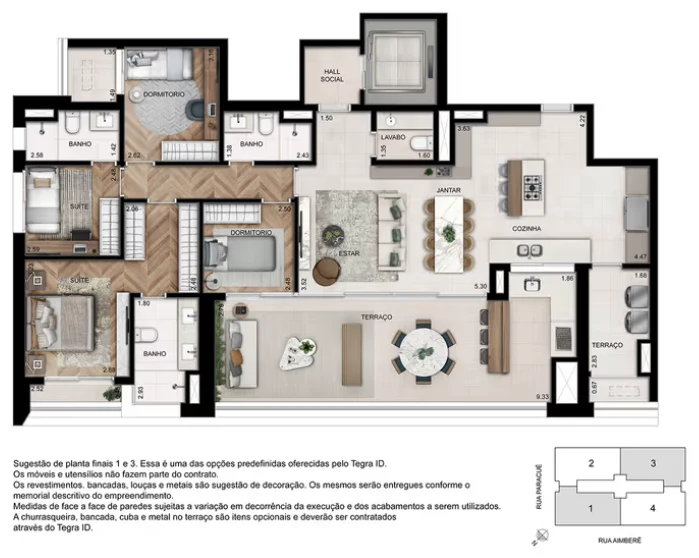 Planta 4 dormitórios · 157 m² · Opção 2 · GRAVURA Perdizes