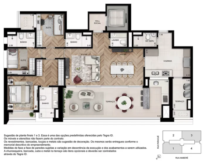Planta 3 suítes · 157 m² · Opção 3 · GRAVURA Perdizes
