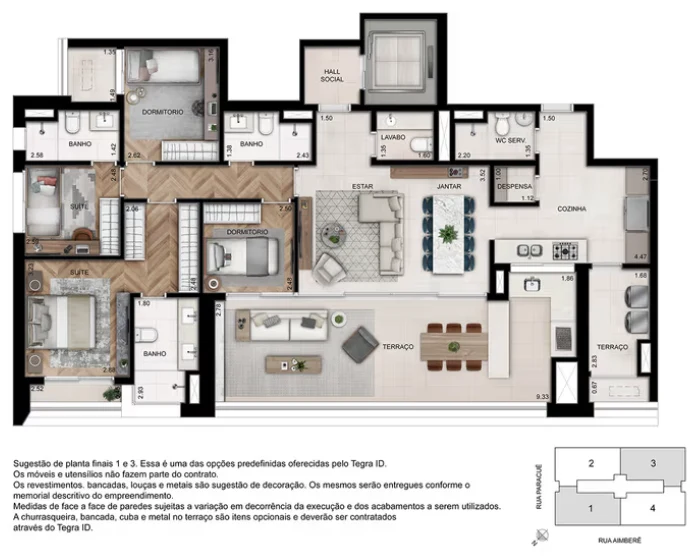 Planta 4 dormitórios · 157 m² · Opção 6 · GRAVURA Perdizes