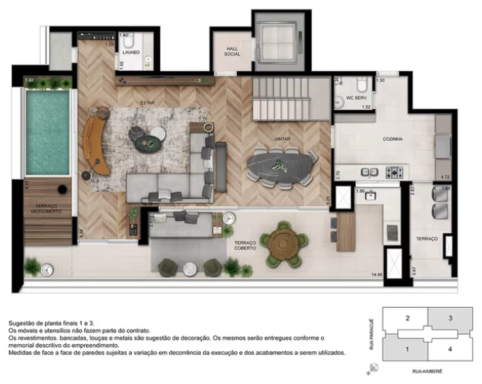 Planta Piso inferior · 287 m² · Cobertura duplex · GRAVURA Perdizes
