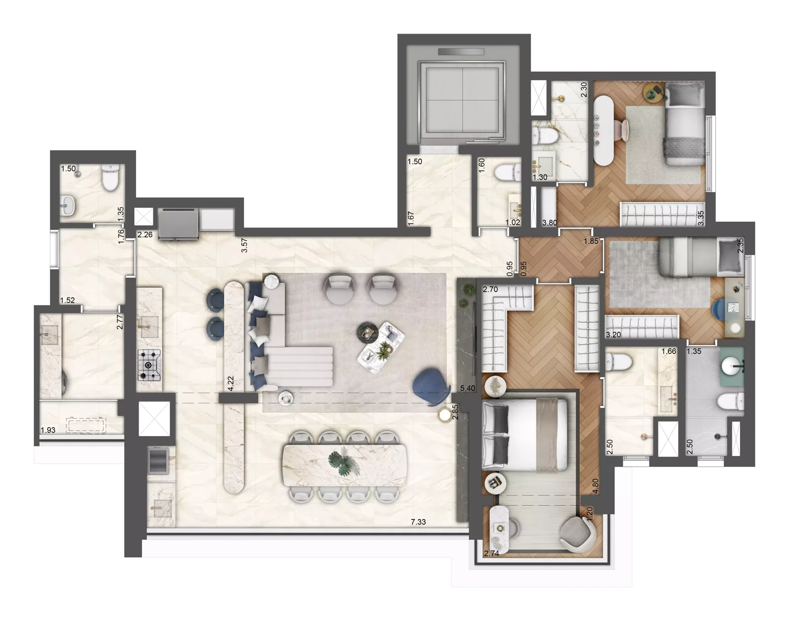 Planta 3 suítes · 132 m² · Decorada · Green View Residence