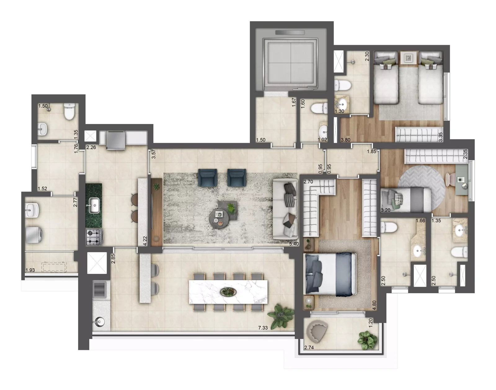 Planta 3 suítes · 132 m² · Green View Residence