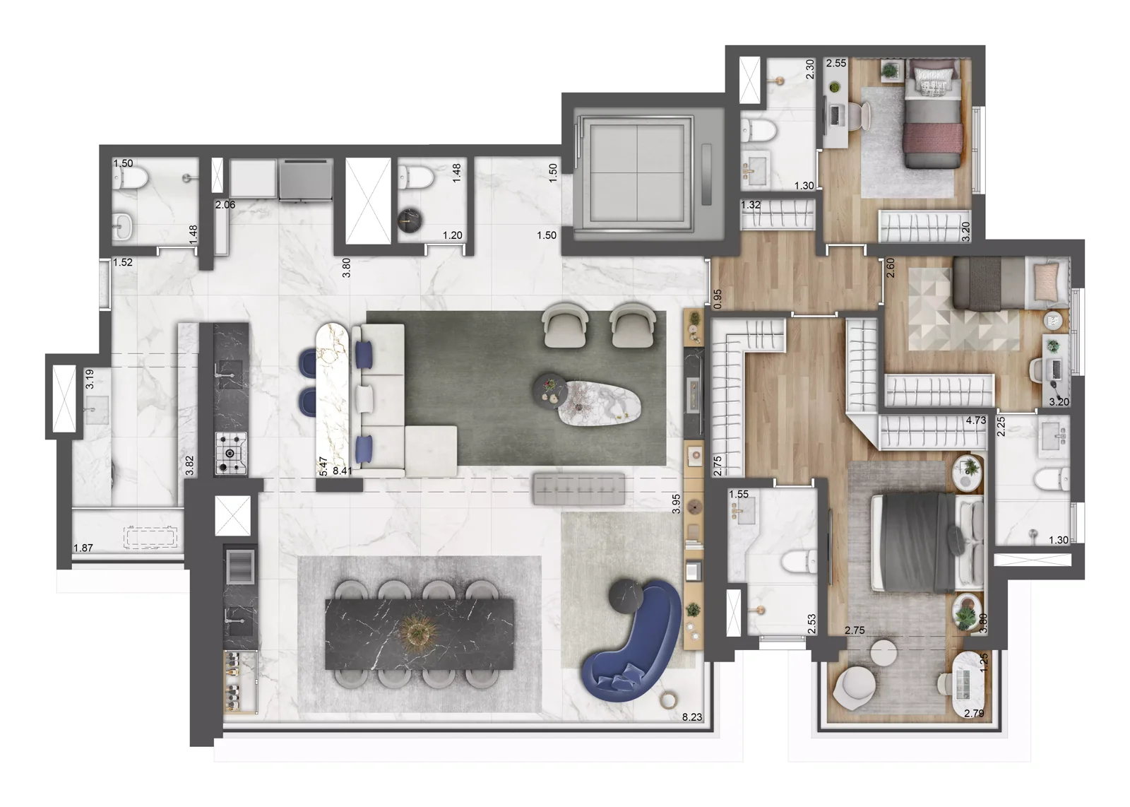 Planta 3 suítes · 159 m² · Decorada · Green View Residence