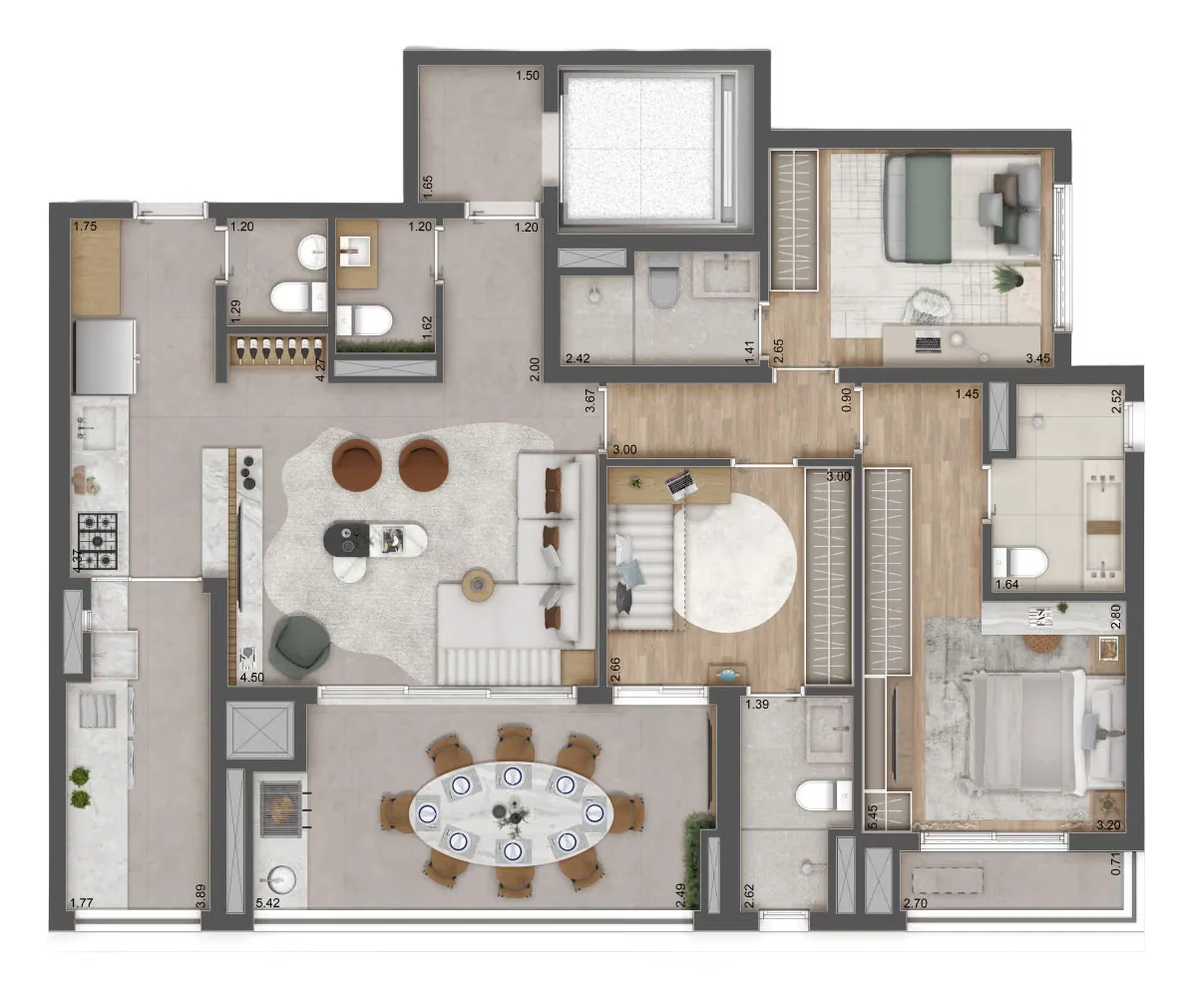 Planta 3 suítes · 115 m² · Raízes Premium Butantã