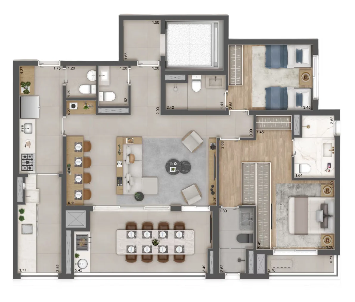 Planta 2 suítes · 119 m² · Raízes Premium Butantã