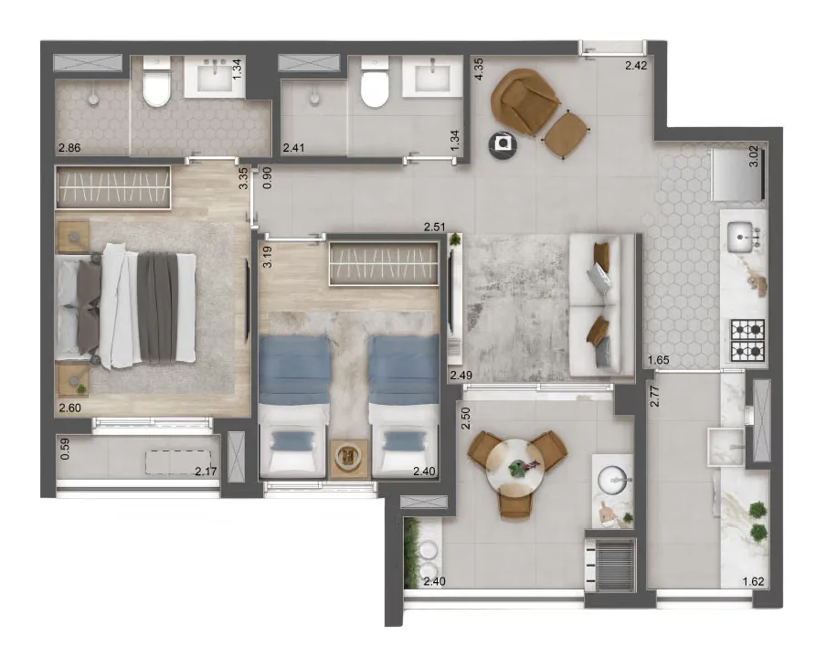 Planta 2 dorms. (1 suíte) · 65 m² · Raízes Premium Butantã