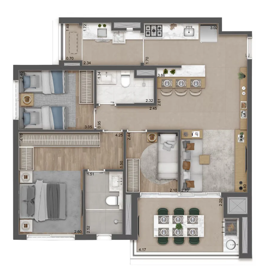 Planta 3 dorms. (1 suíte) · 83 m² · Raízes Premium Butantã