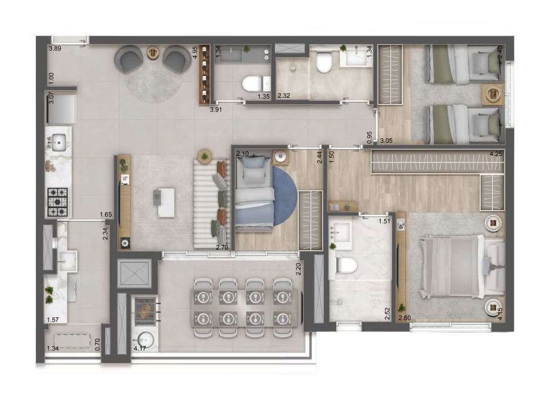Planta 3 dormitórios · 83 m² · Raízes Premium Butantã