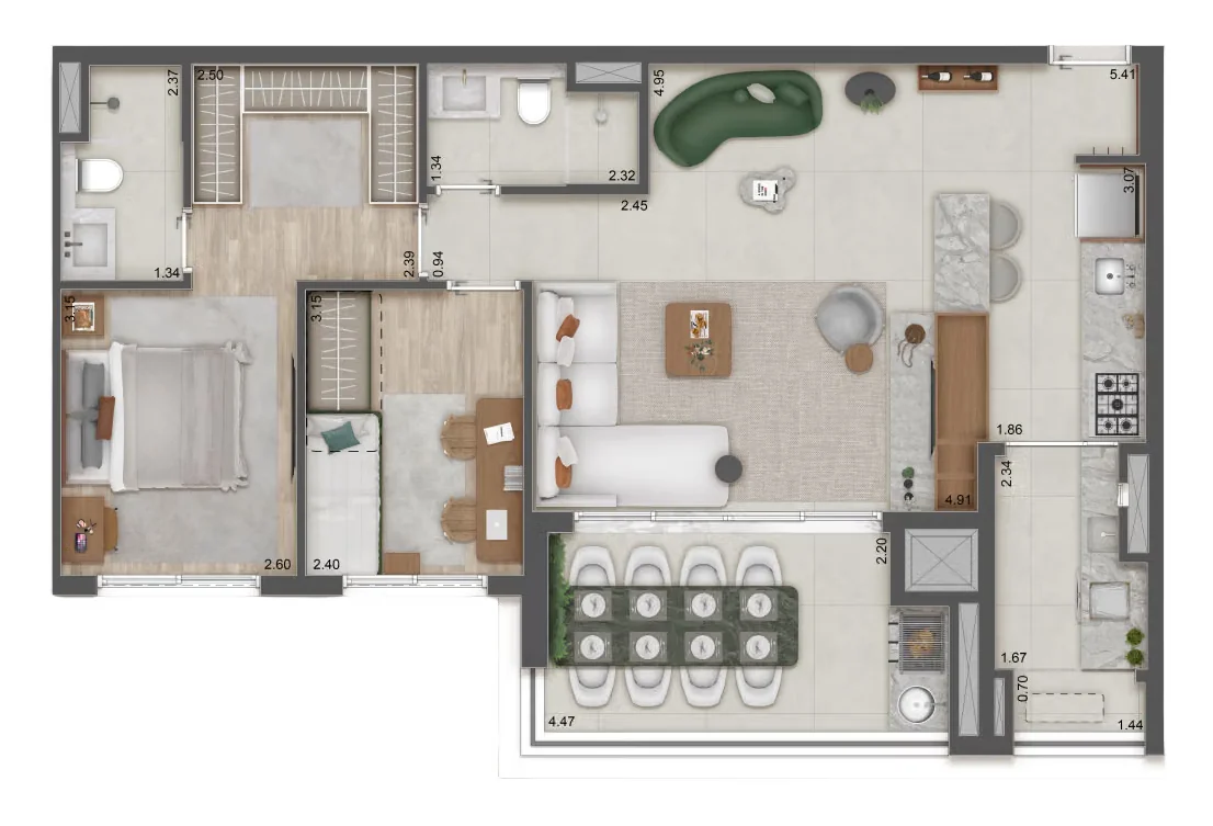 Planta 2 suítes · 85 m² · Raízes Premium Butantã