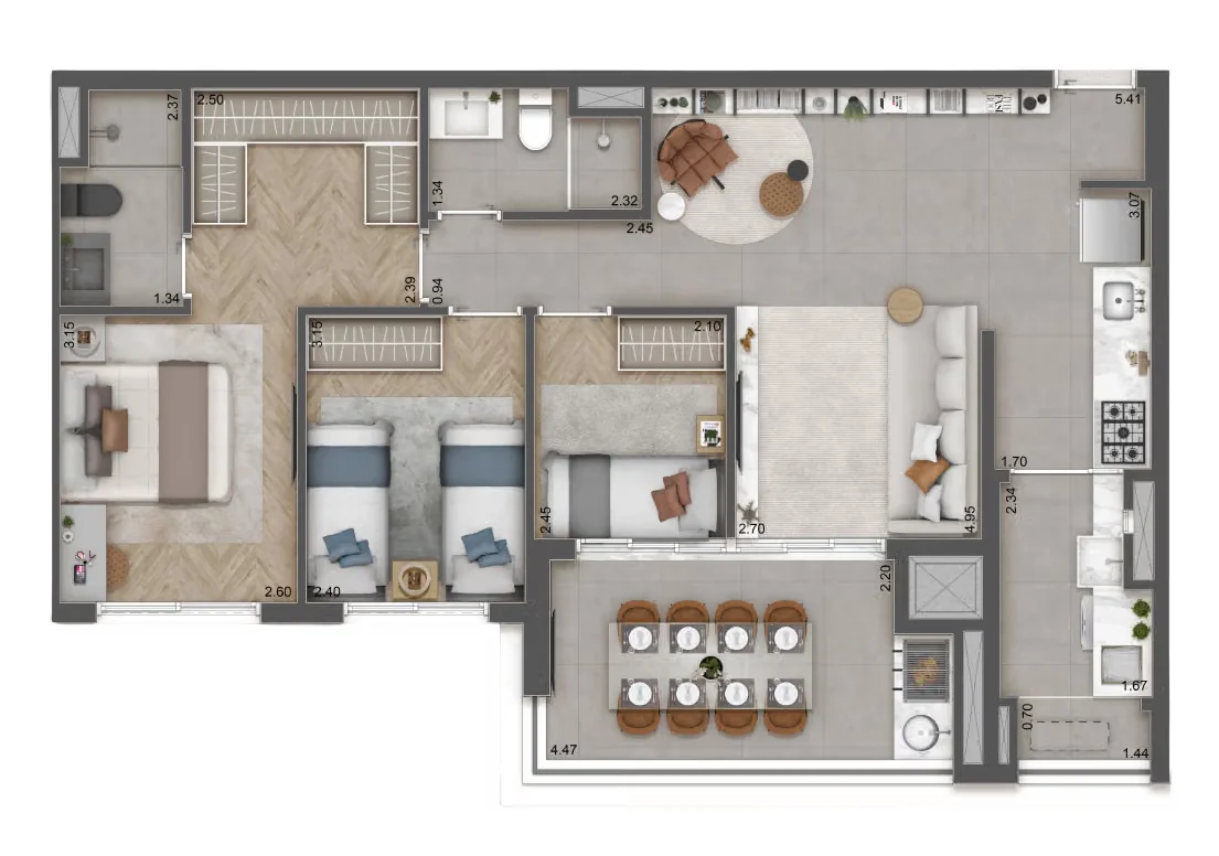 Planta 3 dorms. (1 suíte) · 85 m² · Raízes Premium Butantã