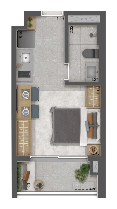 Planta Studio residencial · 26 m² · Raízes Premium Studios