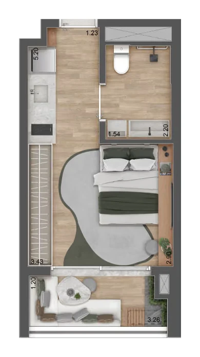 Planta Studio com serviços · 26 m² · Raízes Premium Studios
