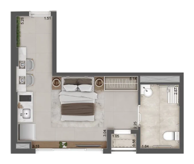 Planta Studio com serviços · 28 m² · Raízes Premium Studios