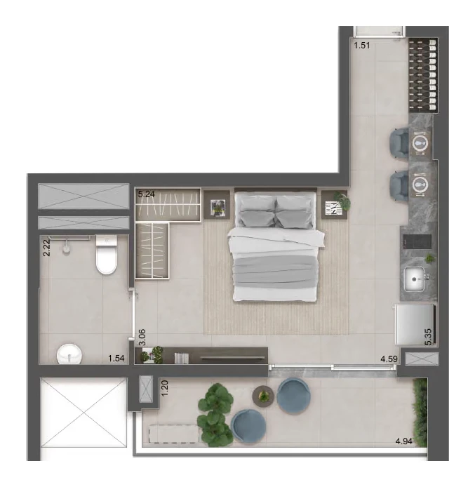 Planta Studio com serviços · 37 m² · Raízes Premium Studios