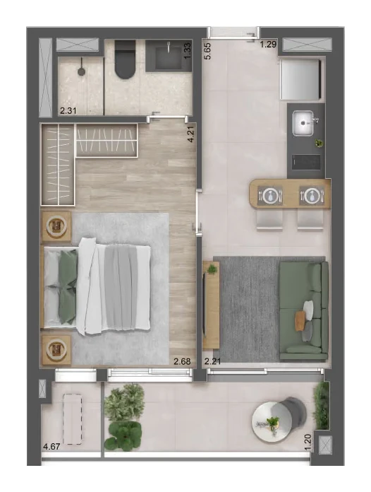 Planta 1 dormitório · residencial · 39 m² · Raízes Premium Studios