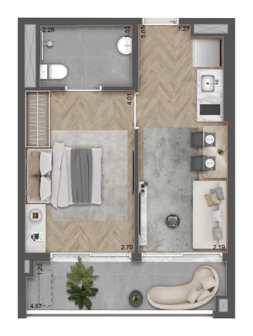Planta 1 dormitório · com serviços · 39 m² · Raízes Premium Studios