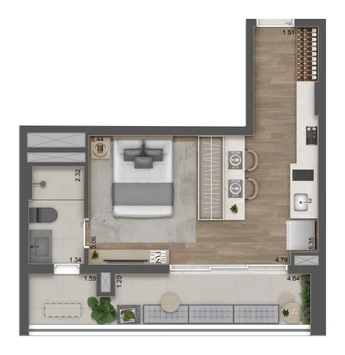 Planta Studio residencial · 39 m² · Raízes Premium Studios