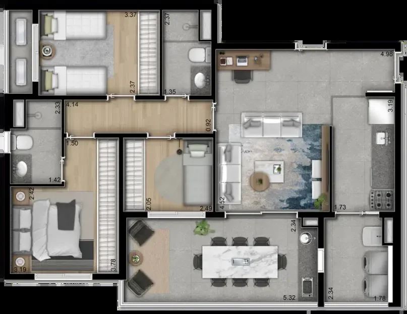 Planta 3 dorms. (1 suíte) · 85 m² · 3 dormitórios · Verdi Butantã