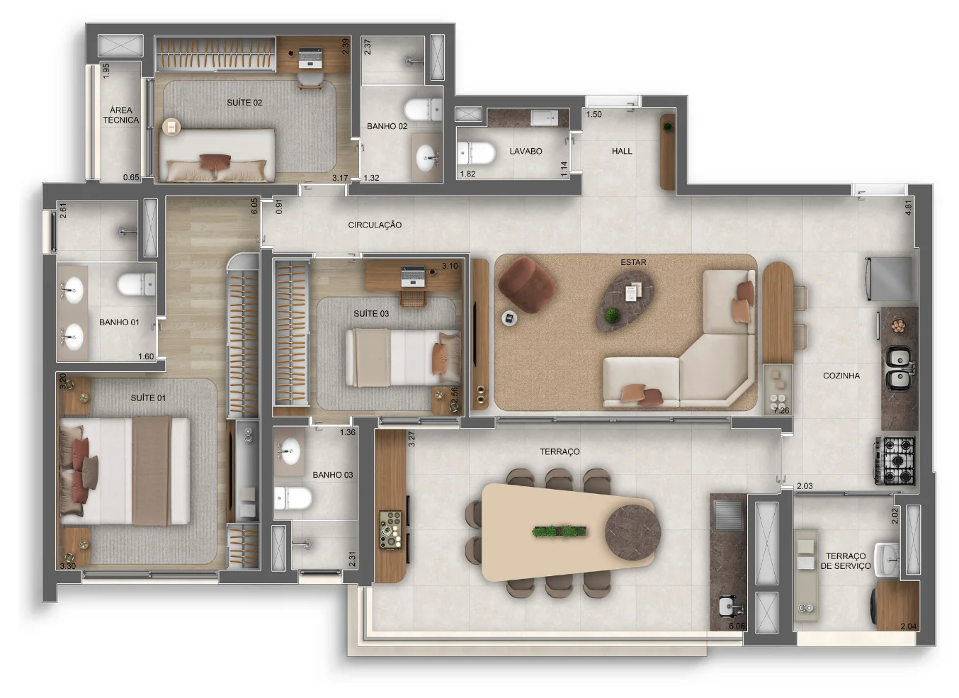 Planta 3 suítes · 120 m² · Vértice Butantã