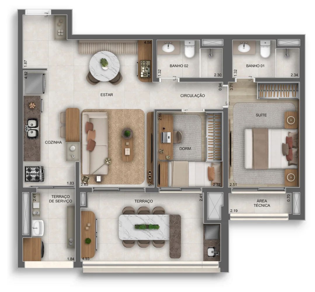 Planta 2 dormitórios · 79 m² · Vértice Butantã