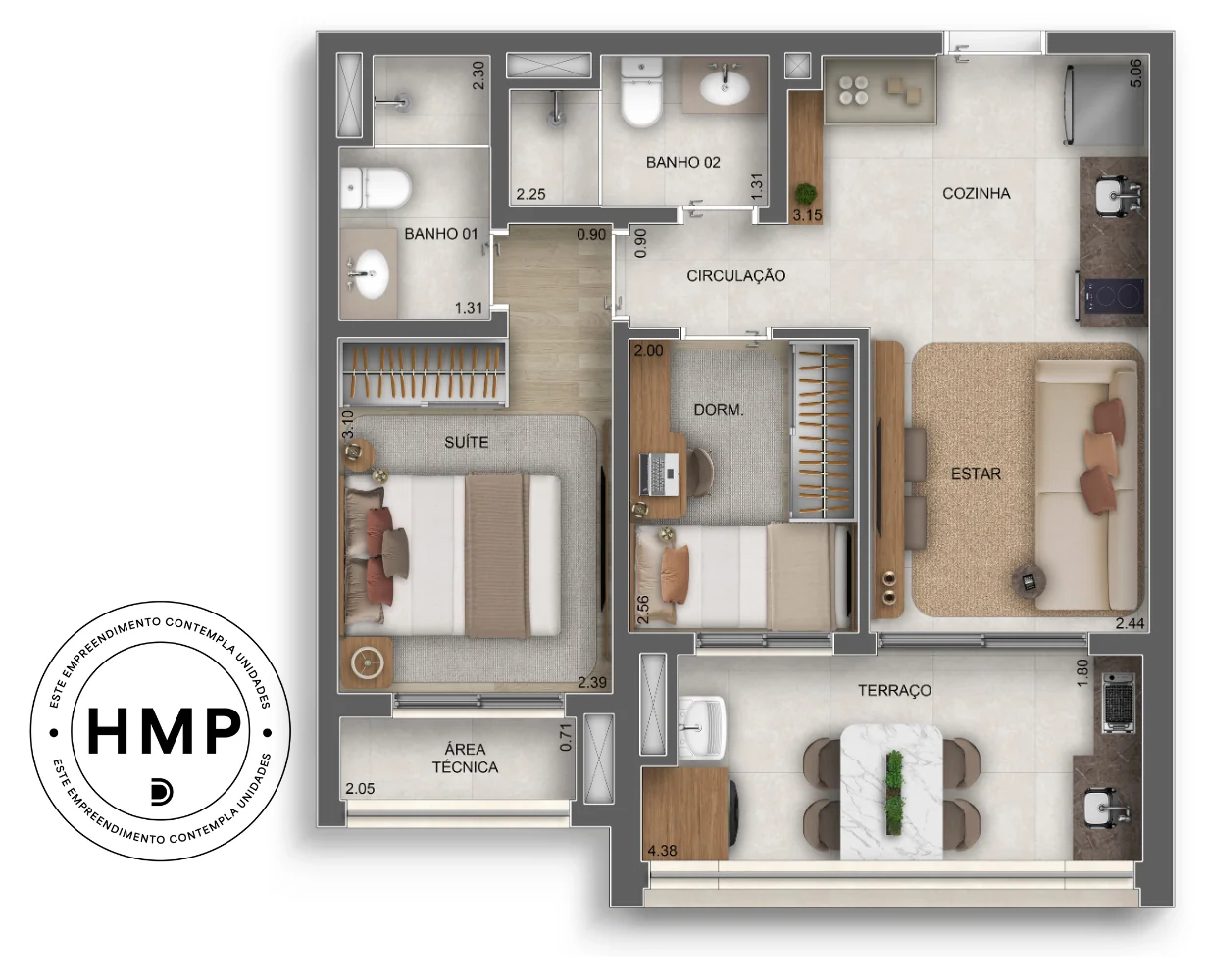 Planta 2 dormitórios · 53 m² · HMP · Vértice Butantã