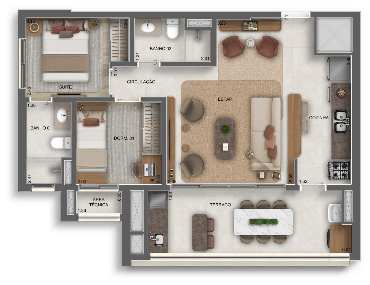 Planta 2 dormitórios · 68 m² · 69 m² opção ampliada · Vértice Butantã