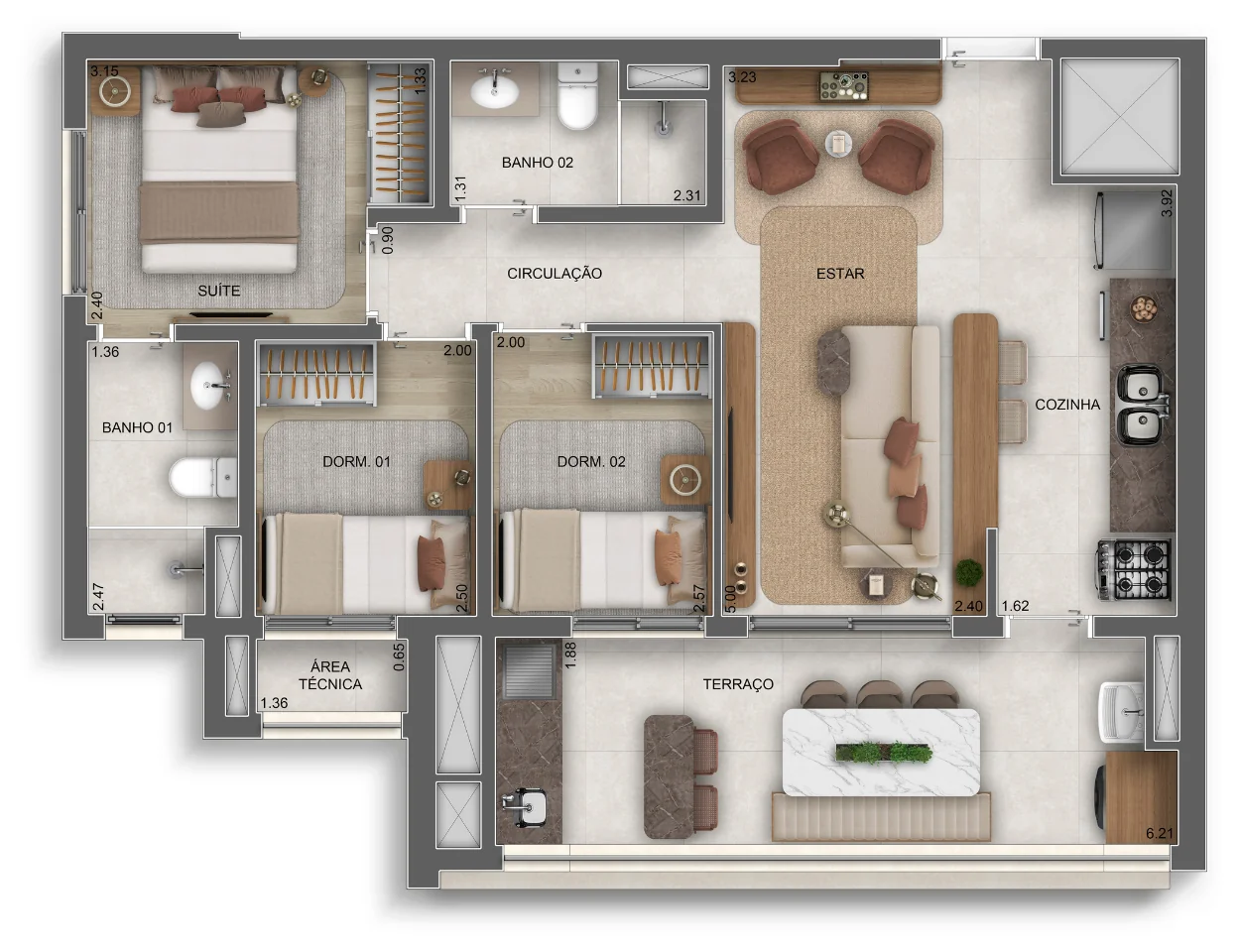 Planta 3 dormitórios · 69 m² · Vértice Butantã