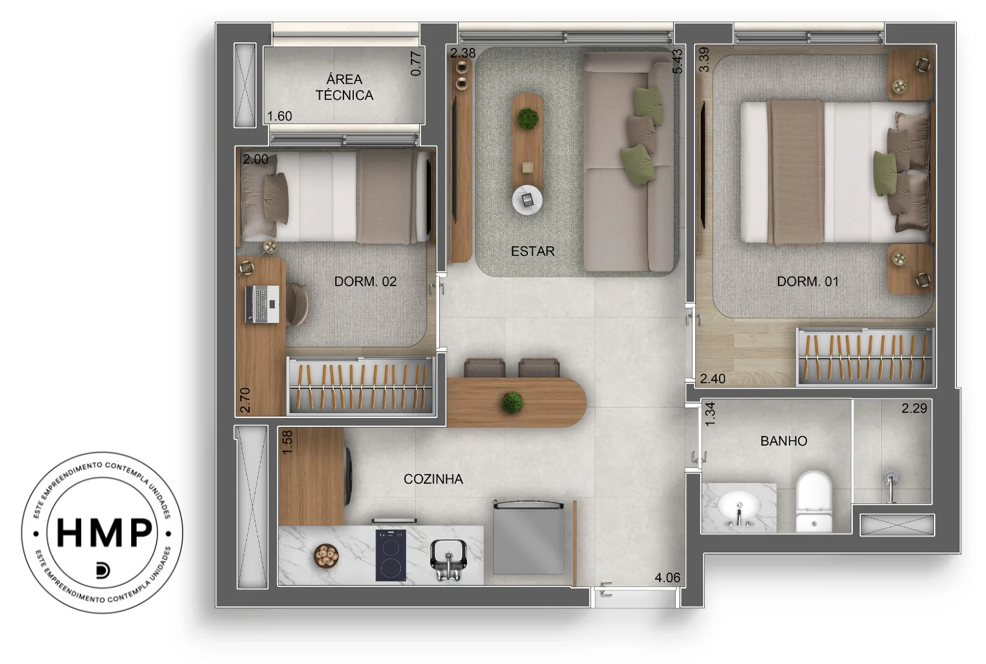 Planta 2 dormitórios · 40 m² · HMP · Vértice Butantã